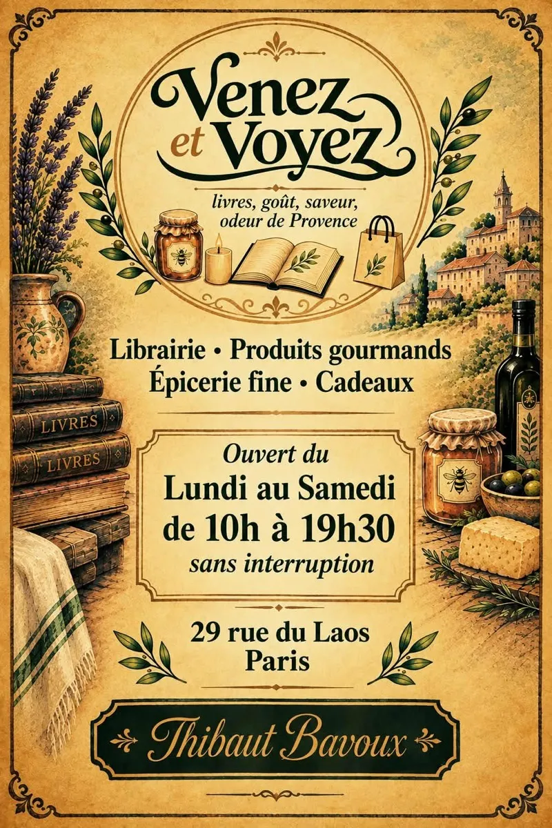 Affiche de la boutique Venez et Voyez : librairie, produits gourmands, épicerie fine et cadeaux, ouvert du lundi au samedi de 10h à 19h30